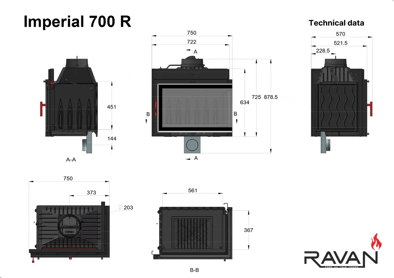 Каминная чугунная топка на дровах Ravan угловая IMPERIAL 700 R (правая) — изображение 9
